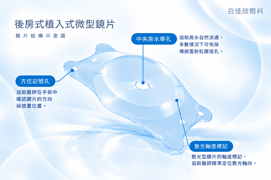 EYECRYL 愛可逆鏡片結構示意圖，呈現中央導孔、方位記號與鏡片定位標記
